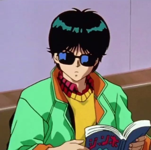 #Cool #Anime a man in a green jacket and sunglasses reading a book